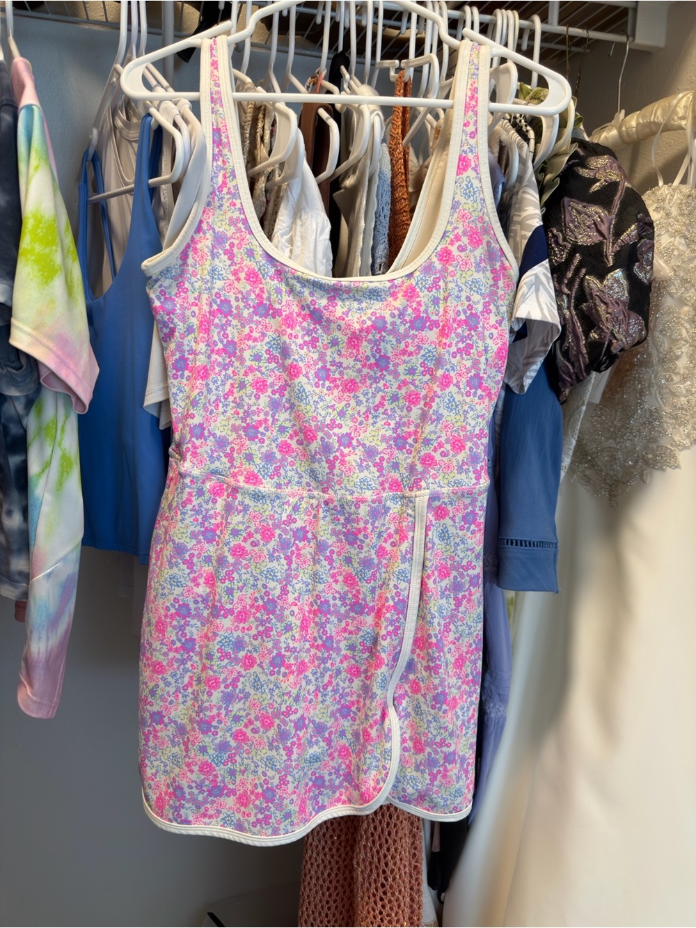 JoyLab Pink Floral Mini Dress with White Trim